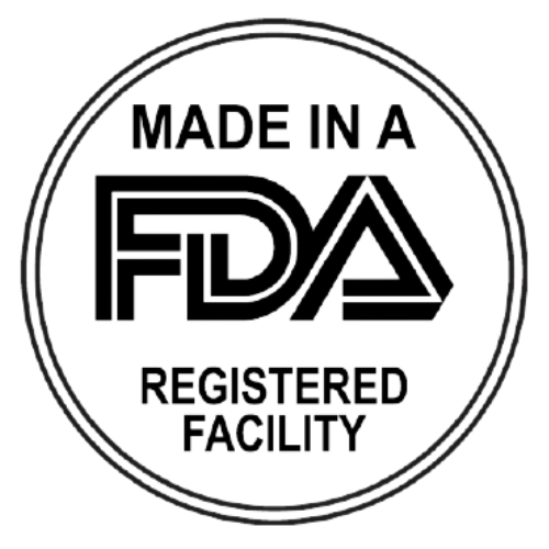 FDA Registered Facility seal ensuring compliance with U.S. Food and Drug Administration (FDA) regulations for dietary supplements, pharmaceuticals, and food manufacturing. Certified for safety, quality, and regulatory standards.