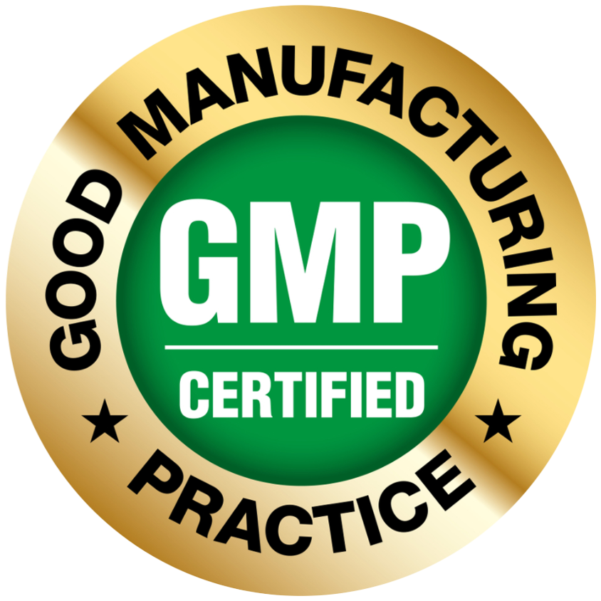 GMP Certified (Good Manufacturing Practice) seal ensuring quality, safety, and regulatory compliance for dietary supplements, pharmaceuticals, and food products. Industry-standard certification for manufacturing excellence.