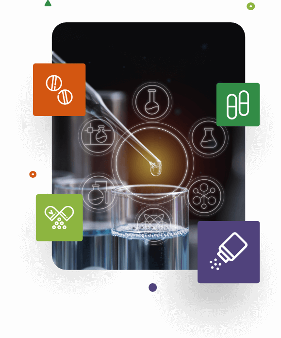 Nutraceutical research and formulation. Laboratory test tubes with liquid and pipette, surrounded by icons representing dietary supplements, capsules, powders, and vitamins.