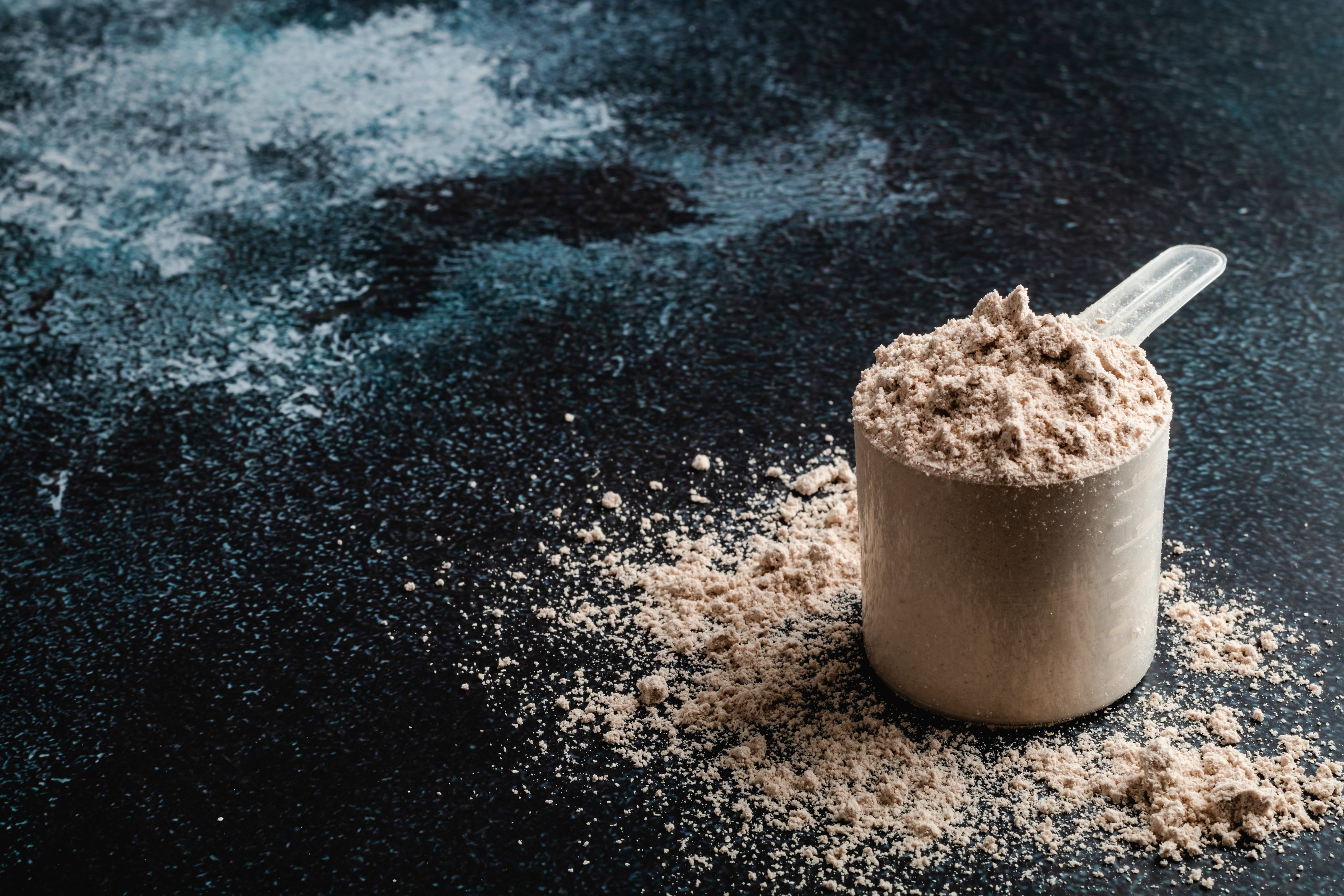 Premium nutraceutical powder manufacturing by Biowell Labs—a scoop filled with high-quality protein or supplement powder on a dark background, highlighting expertise in private label supplements and contract supplement manufacturing in a Health Canada approved facility.